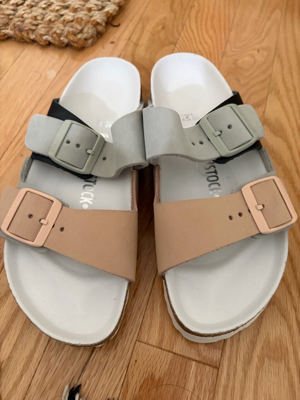 Birkenstock Two-Tone Multi Strap Sandals in Beige, Light Gray and Black